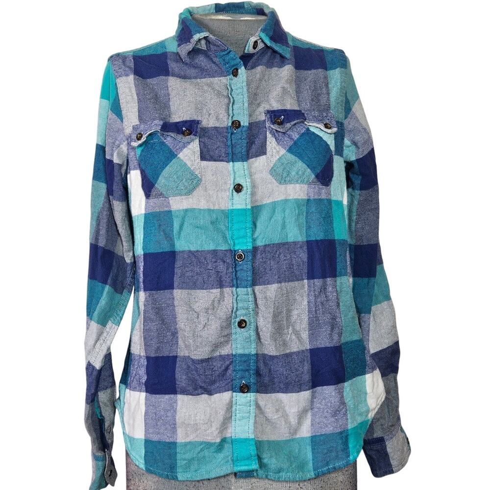 Blue Plaid Cotton Flannel Top Size Small
